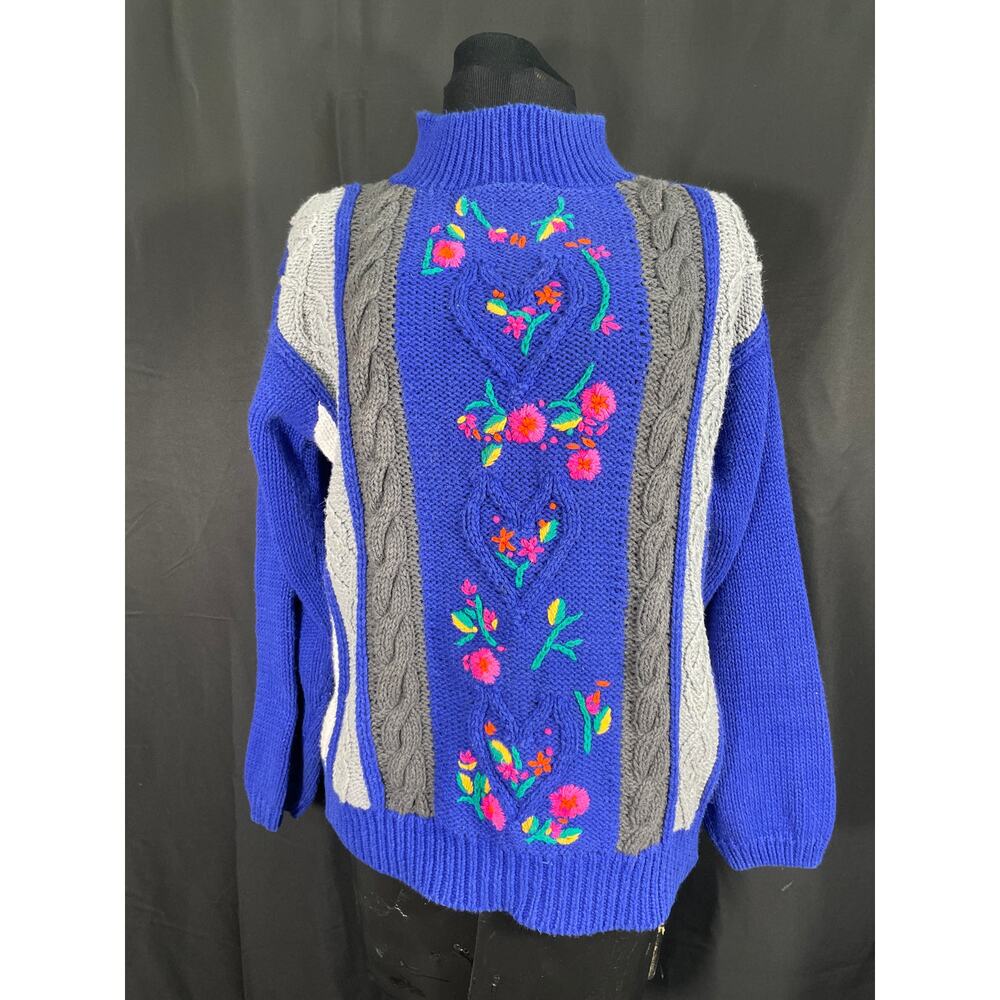 Vintage 90"s PS Sport Floral and Heart Cable Knit Sweater Vibrant Colors